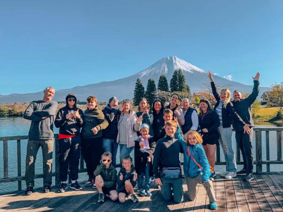 Worldschooling families in front of Mt. Fuji