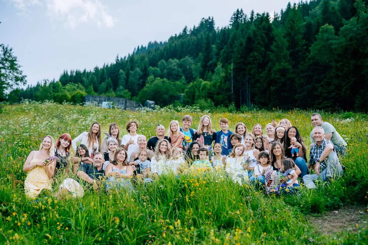Our worldschooling group in a spring meadow