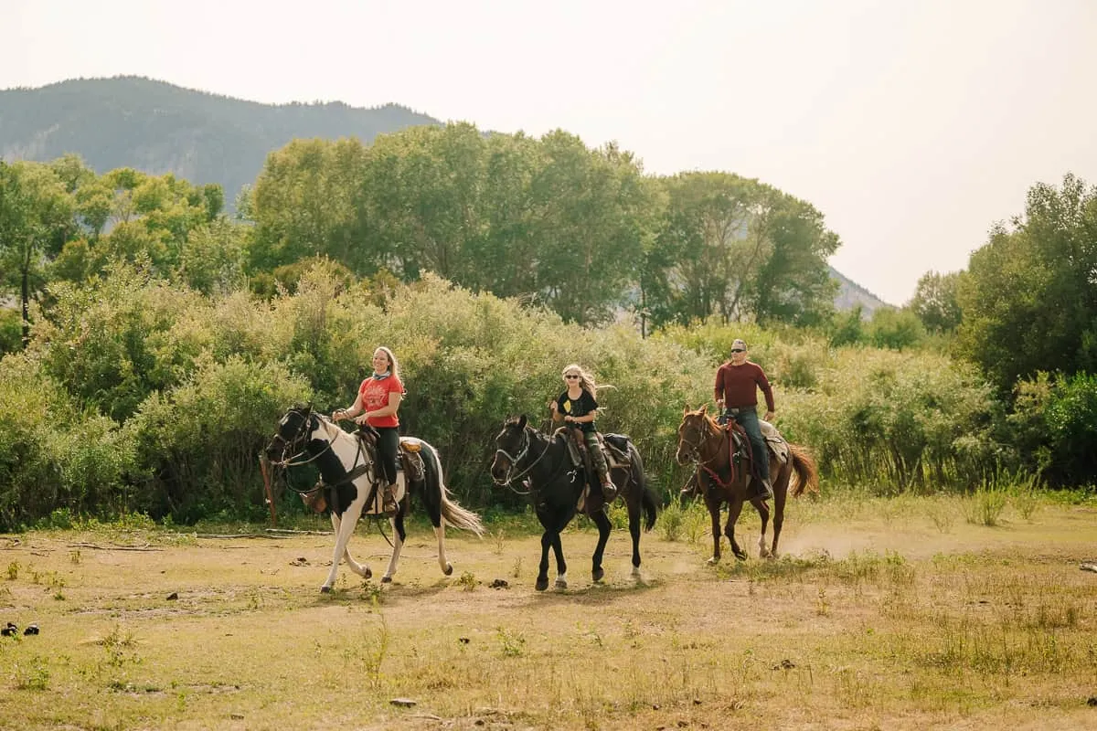 Families riding through a meadow at the VeeBar