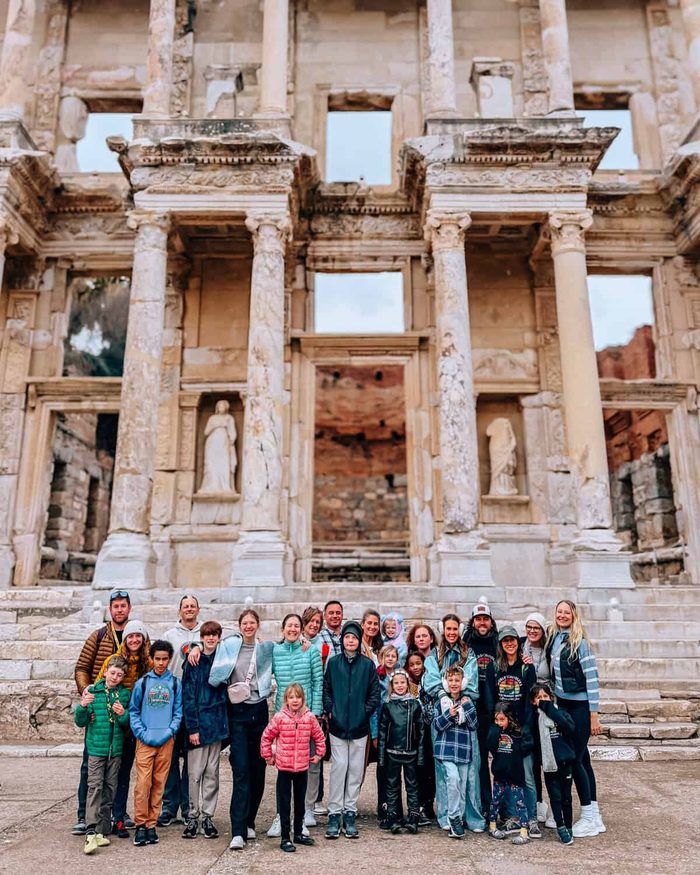 Worldschooling families exploring the Library of Celsus, Ephesus